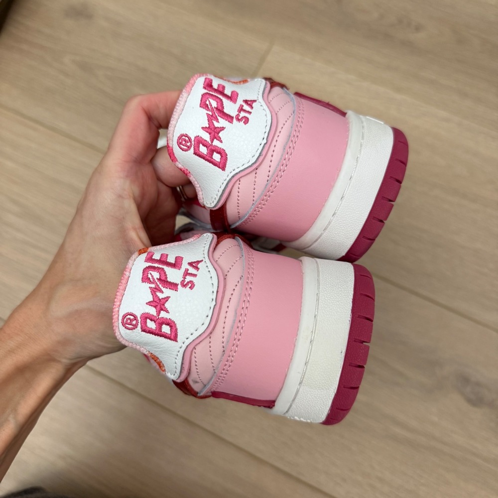 CC A Bathing Ape Bape Sta 93 Low Pink Burgundy Camo Leather Sneakers‎ M 7 W 8.5 - Picture 3 of 8